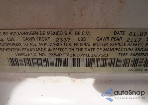 2007 Volkswagen Jetta 2.5 from USA, damaged, VIN 3VWRF71K07M116723